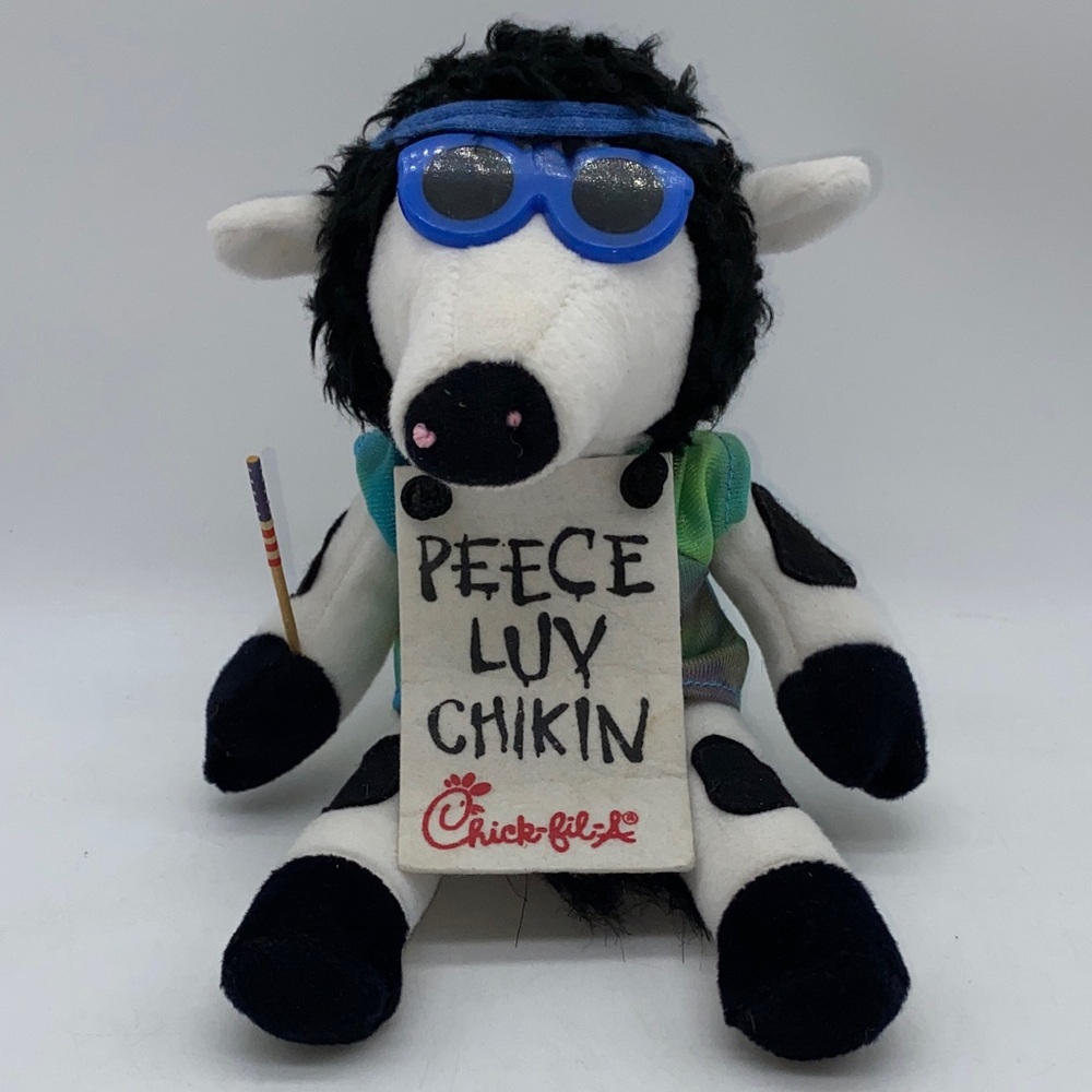 Chick-fil-A Cow Hippie Plush with Peece Luv Chikin Sign Beanie Stuffed Animal 8”
